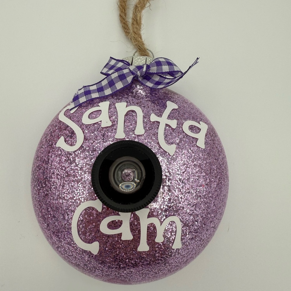 HANDCRAFTED Purple Glitter Santa Cam Ornament